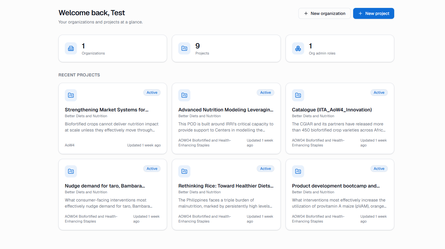 Organizations and projects at a glance, on demo data.