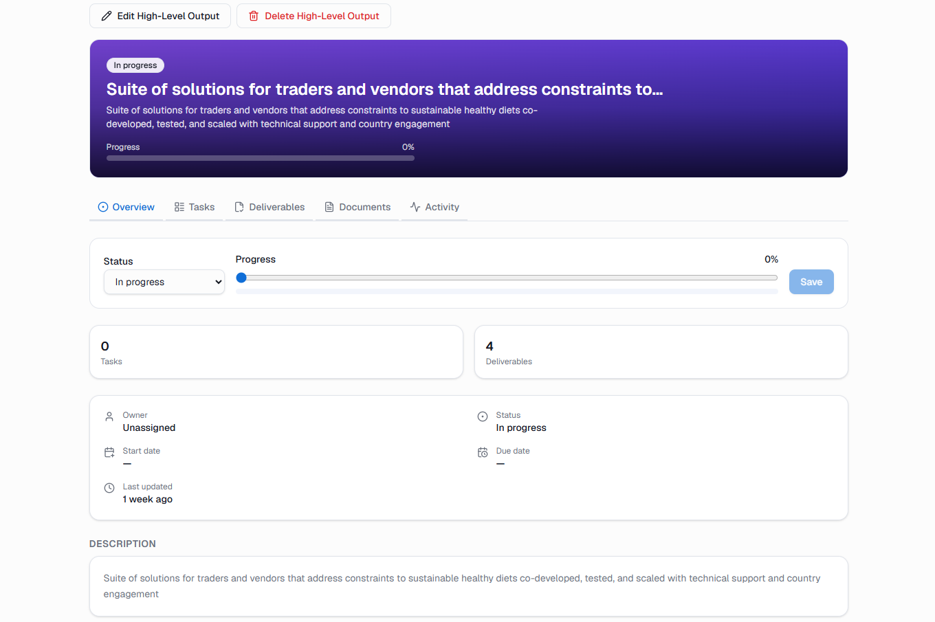 Status, progress, tasks, and deliverables for a single output, on demo data.