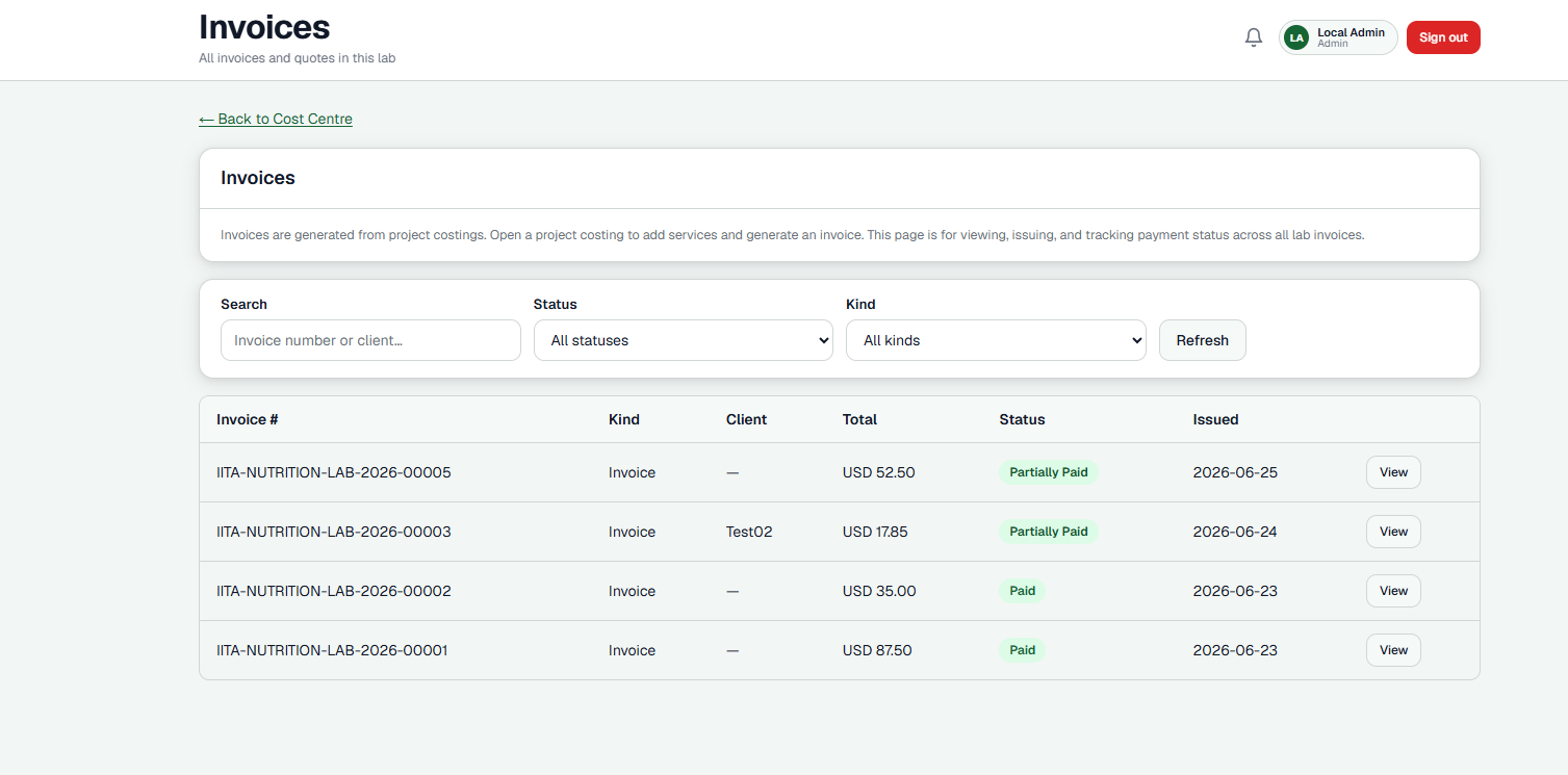 Invoice and payment tracking generated from project costings, on dummy data.
